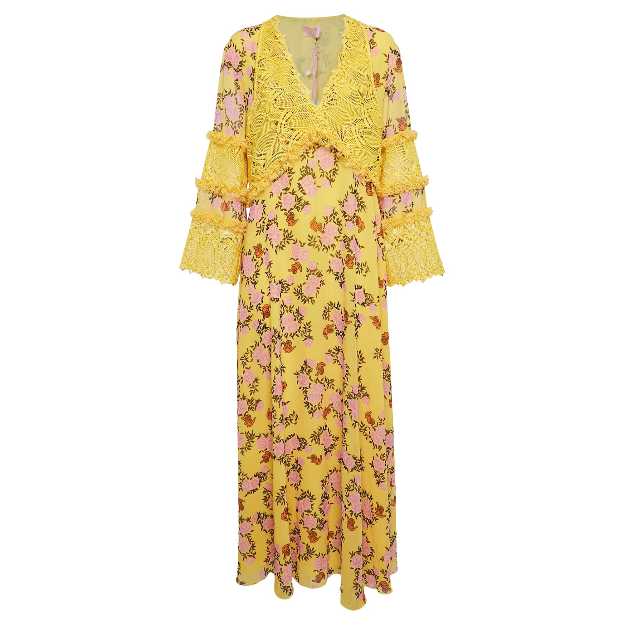 Giamba Maxi abito giallo con stampa floreale in chiffon e pizzo, M. I.