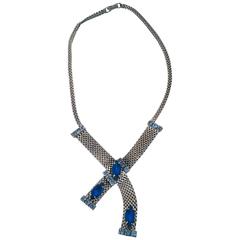 Retro 50s Chain Mesh Necklace w/ Blue Rhinestones