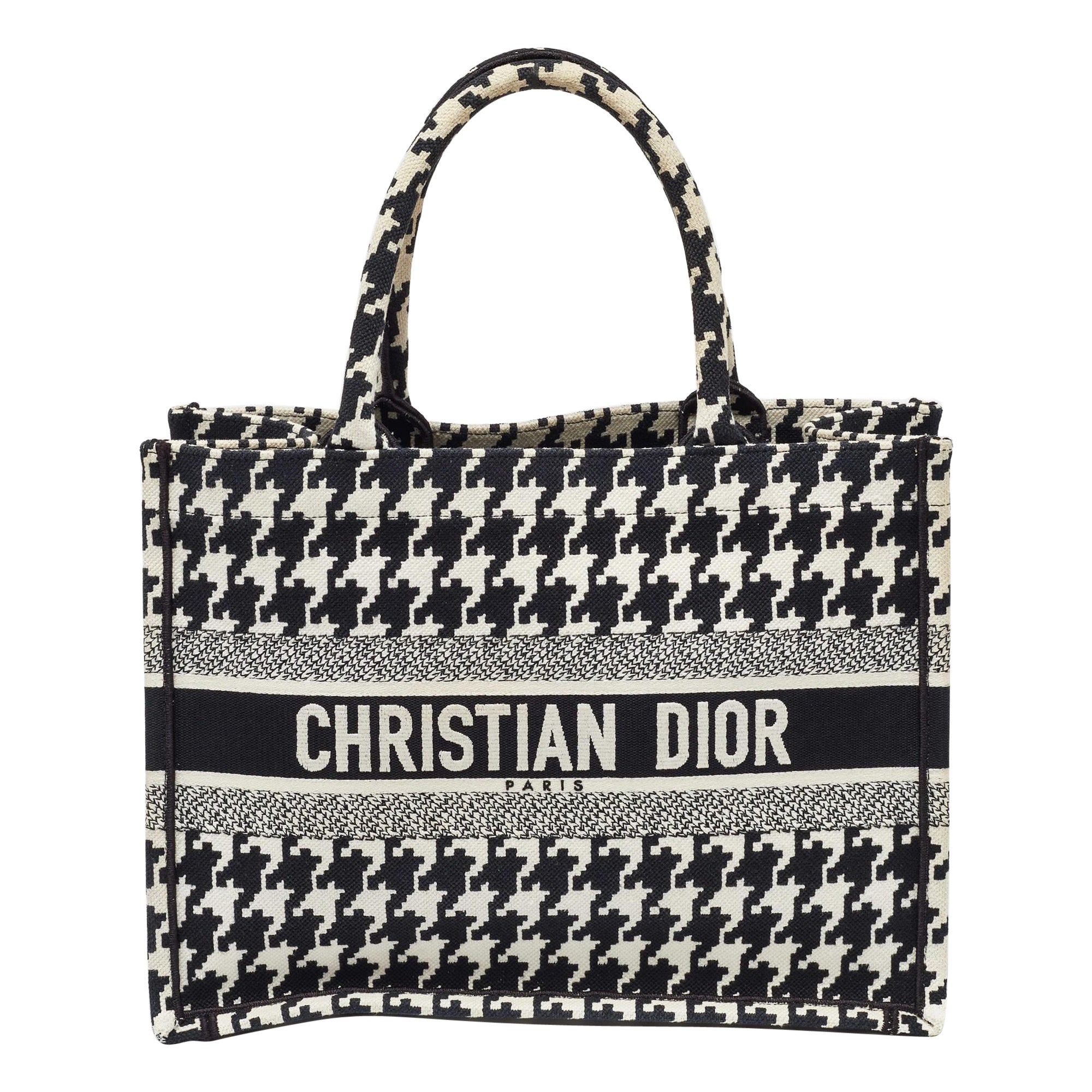 Dior Black/White Embroidered Macro Houndstooth Canvas Medium Book Tote For Sale