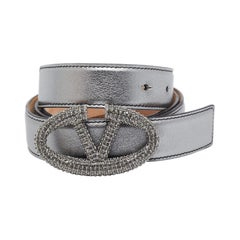 Valentino Metallic Leather Crystals Embellished Vlogo Buckle Belt 90CM