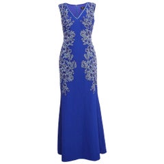 Tadashi Shoji Blue Floral Embroidery Textured Crepe Sleeveless Gown S