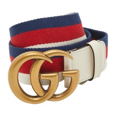 Gucci White Web Canvas and Leather GG Marmont Buckle Belt 90CM