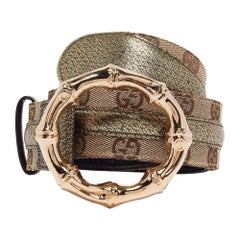 Gucci Beige Beige/Green GG Canvas and Leather Metal Bamboo Ring Belt 85CM