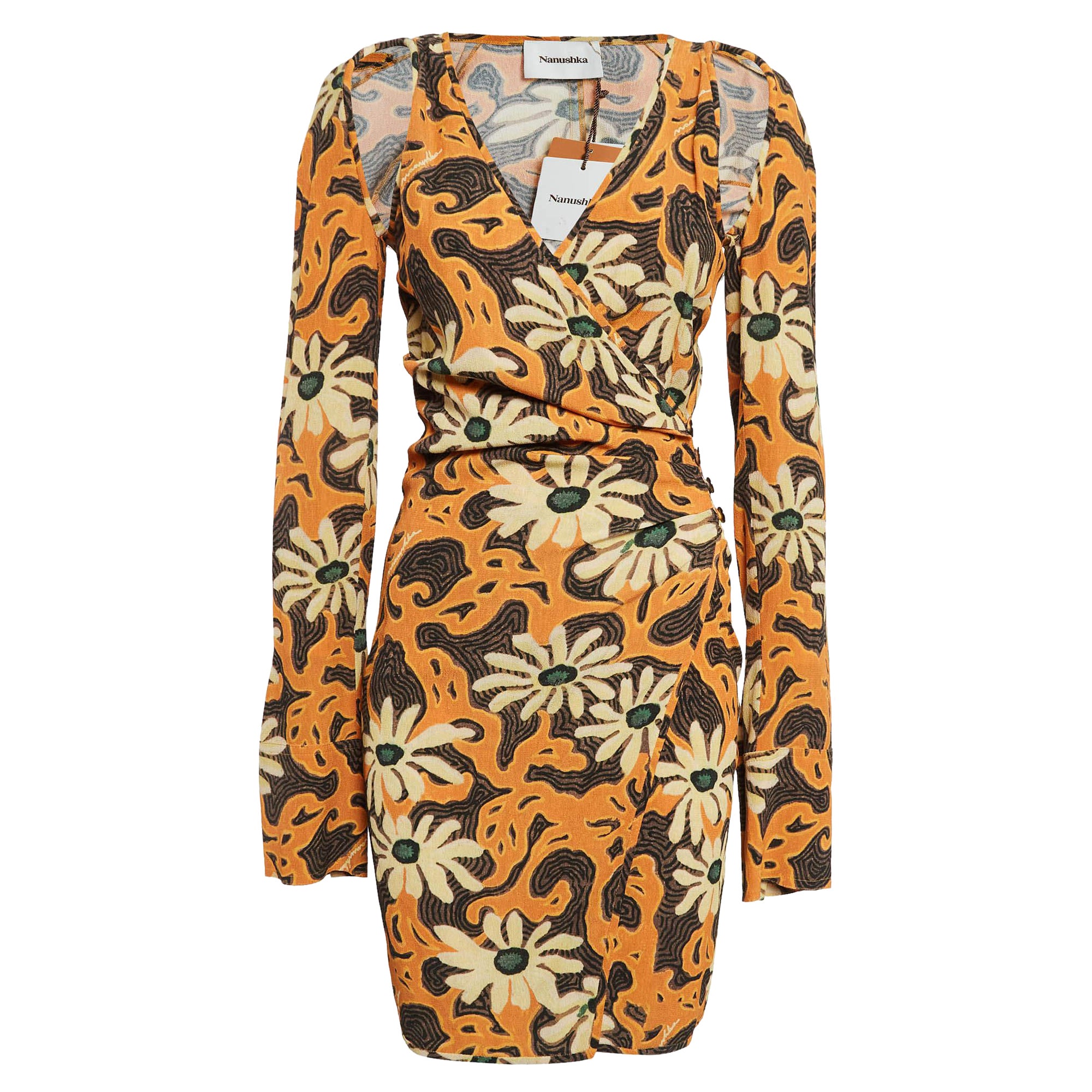 Nanushka Naranja Estampado Floral Crepe Detalle Recortado Ira Mini Vestido XS
