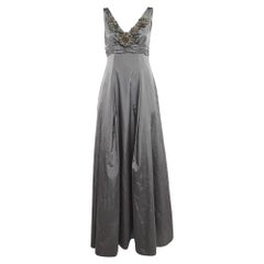 Moschino Vintage Grey Floral Detail Neck Silk Blend Pleated Gown M