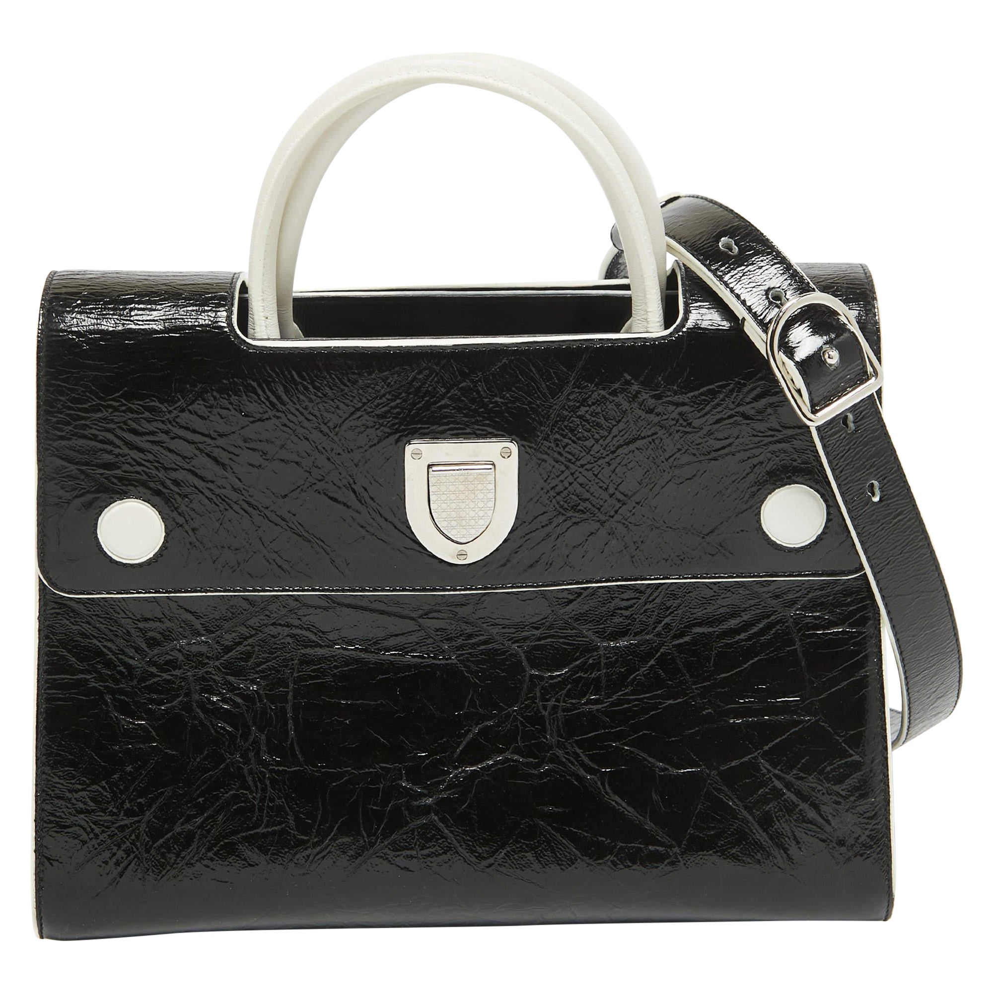 Dior Black/White Crinkled Patent Leather Medium Diorever Top Handle Bag For Sale