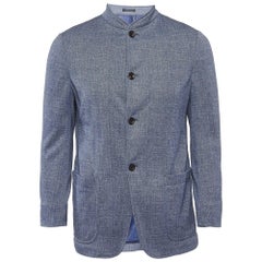 Armani Collezioni Blue Cotton Knit Mandarin Collar Jacket L