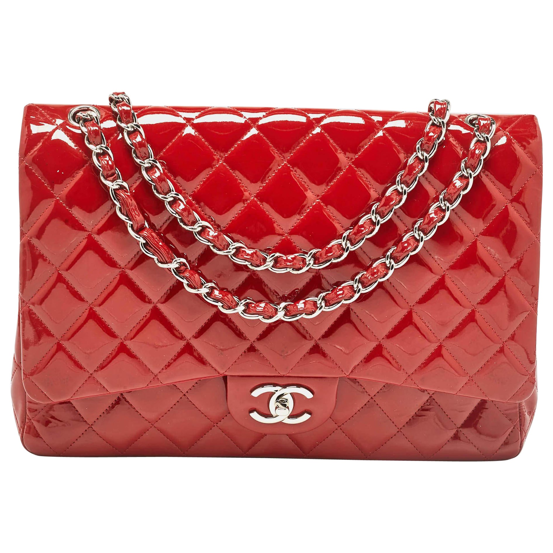 Chanel Red Quilted Patent Leather Maxi Classic Double Flap Bag For Sale