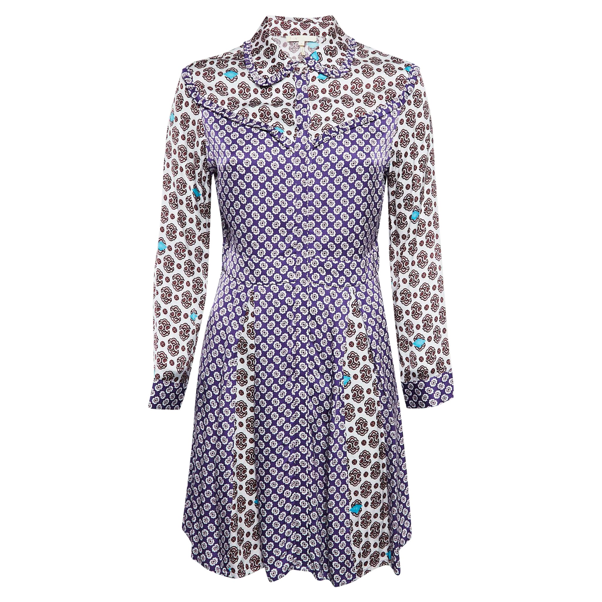Maje - Mini robe en crêpe imprimé et boutonné sur le devant - Violet/Multicolore M en vente