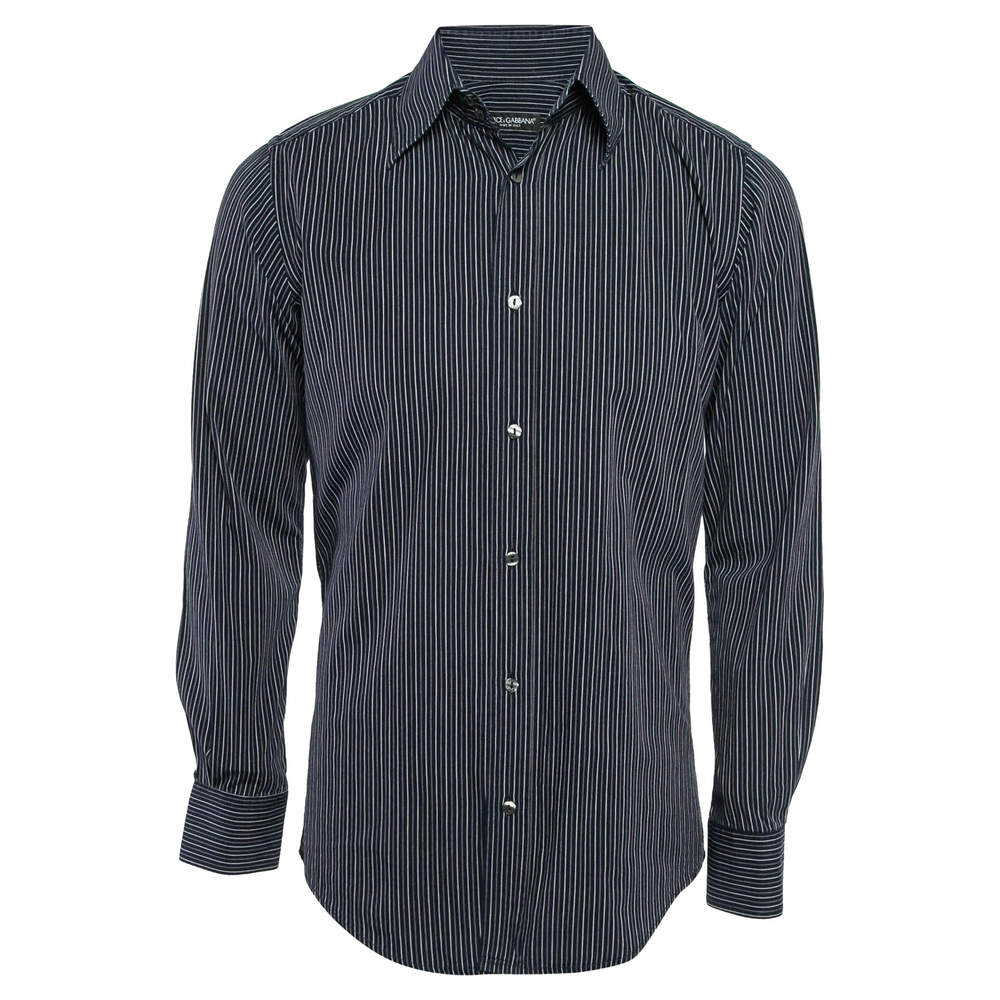 Dolce & Gabbana Blue Striped Cotton Long Sleeve Shirt M For Sale