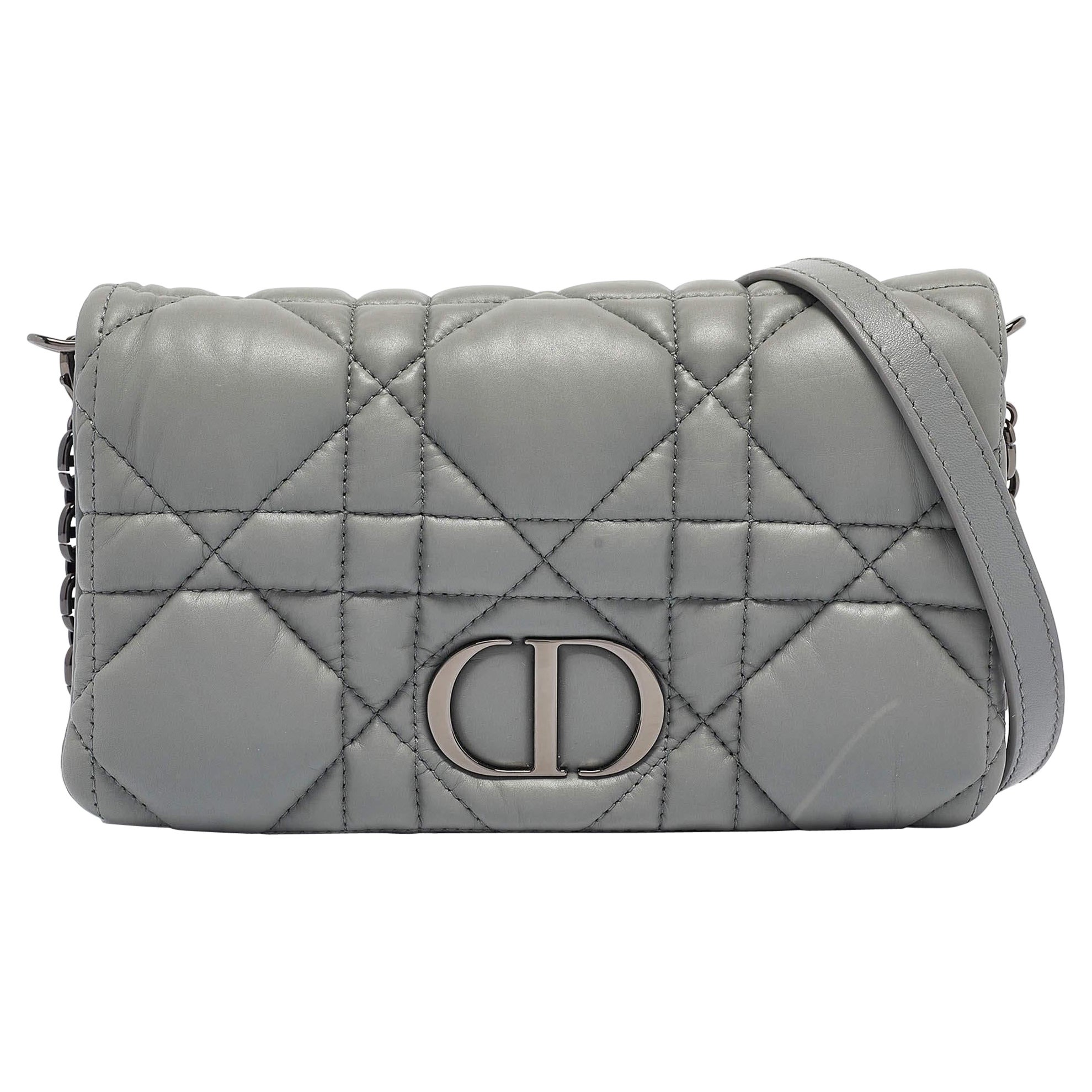 Dior Grey Cannage Leather Mini Caro Crossbody Bag