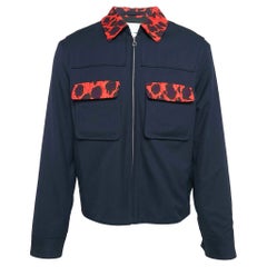 Kenzo Navy Blue Leopard Print Cotton Patch Pocket Detail Jacket L