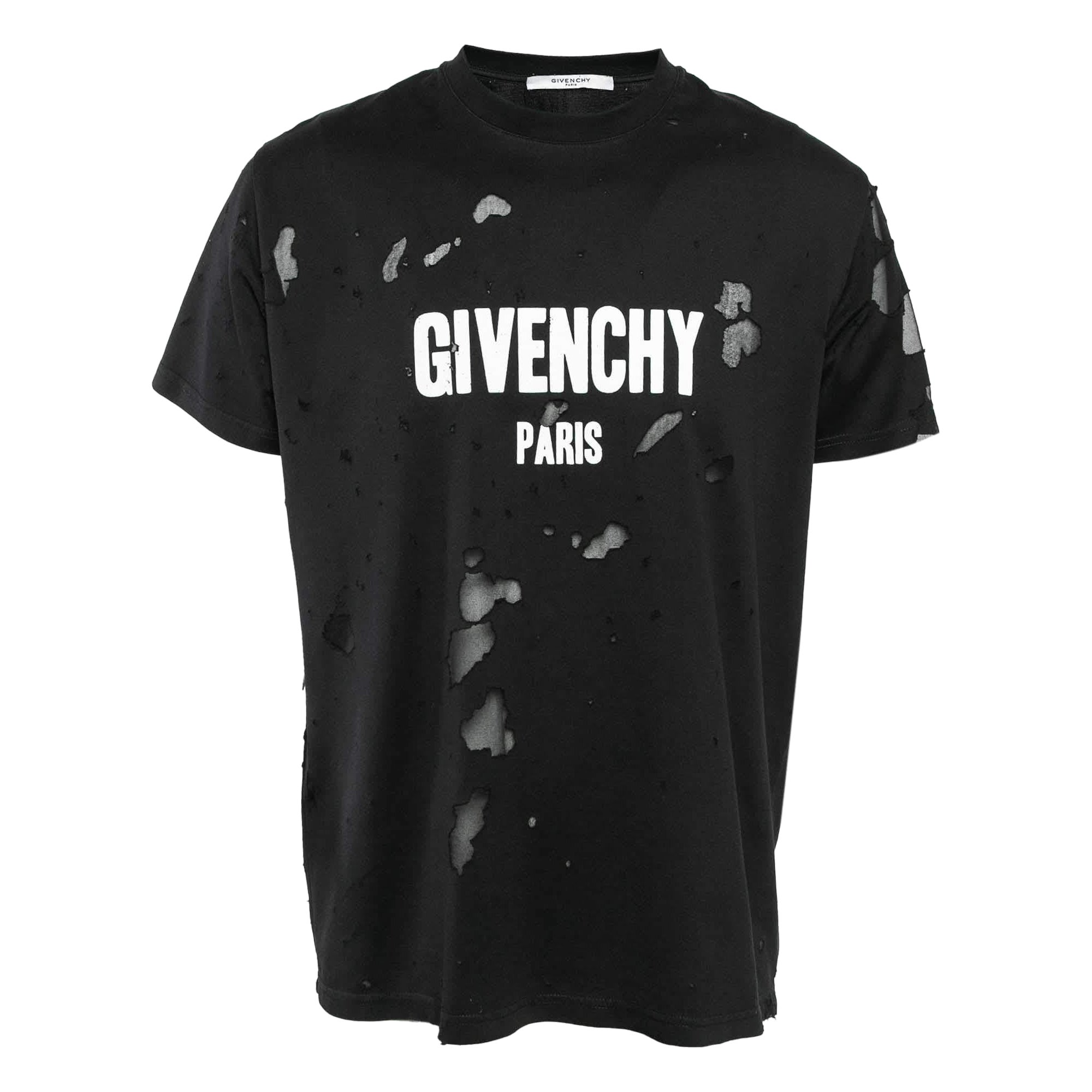 Givenchy Black Logo Print Distressed Cotton Knit Crew Neck T-Shirt XS For Sale
