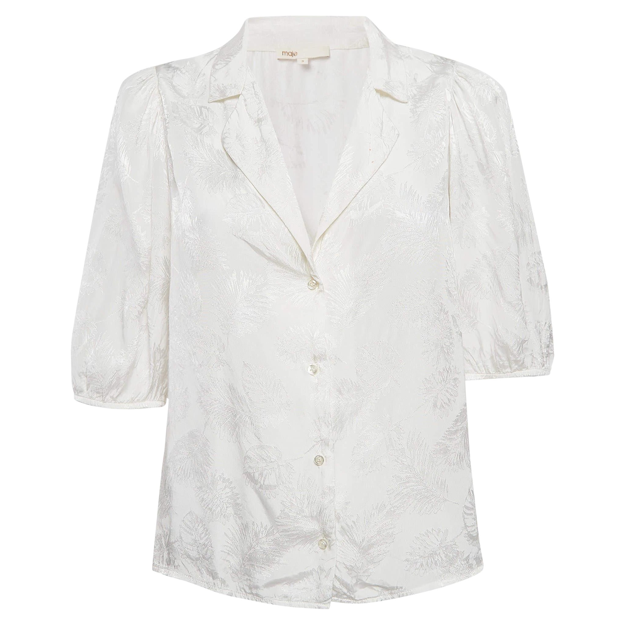 Maje White Ecru Jungle Jacquard Satin Shirt M For Sale