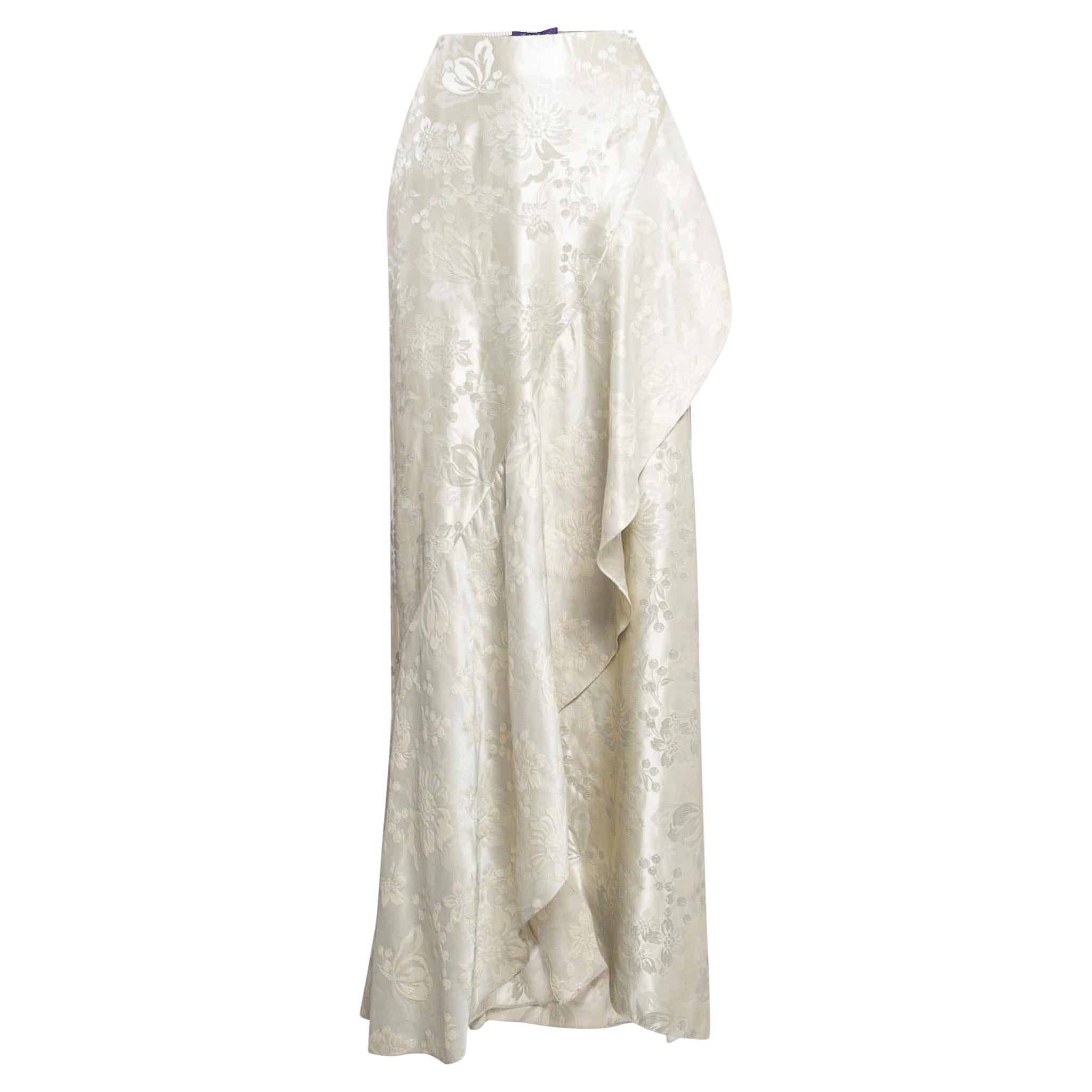 Ralph Lauren Cream Floral Lam&eacute; Jacquard Ruffled Maxi Skirt M For Sale