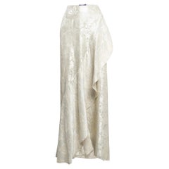 Ralph Lauren Cream Floral Lam&eacute; Jacquard Ruffled Maxi Skirt M