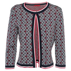 CH Carolina Herrera Navy Blue Monogram Knit Open Front Cardigan L
