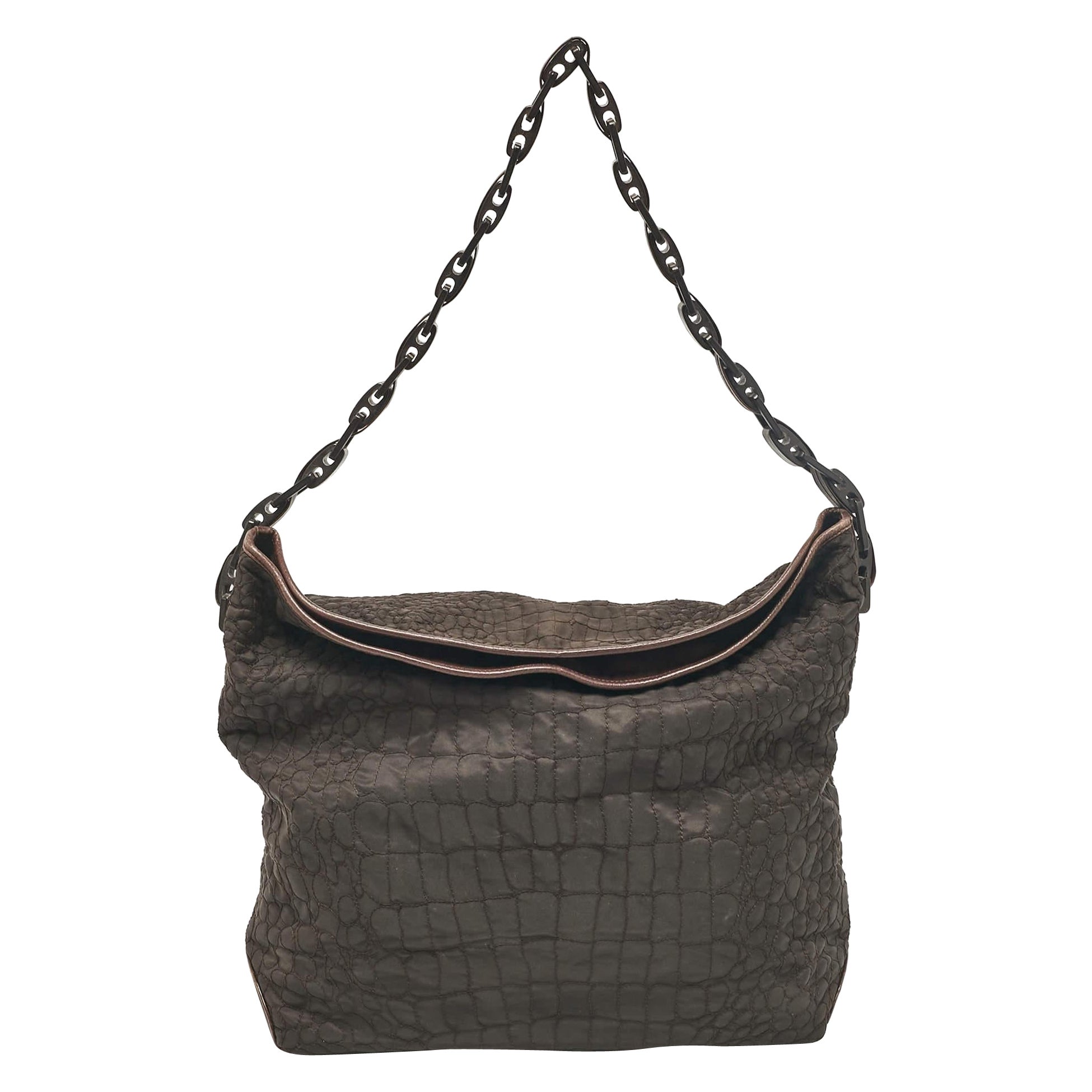 Gianfranco Ferre Dark Brown Fabric and Leather Chain Bucket Bag For Sale