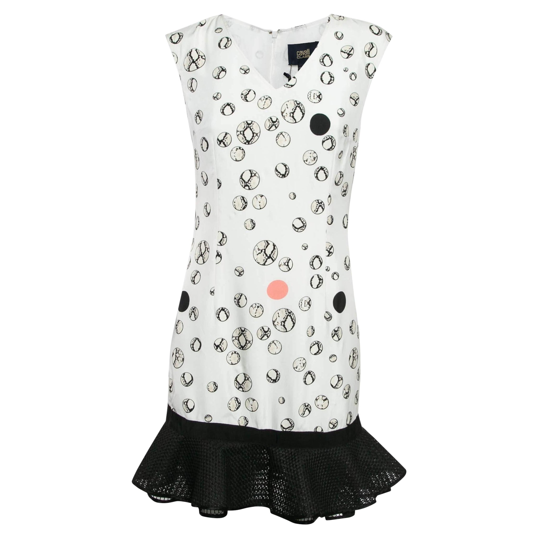 Class by Roberto Cavalli Mini abito bianco in crepe stampata con orlo a balze M.