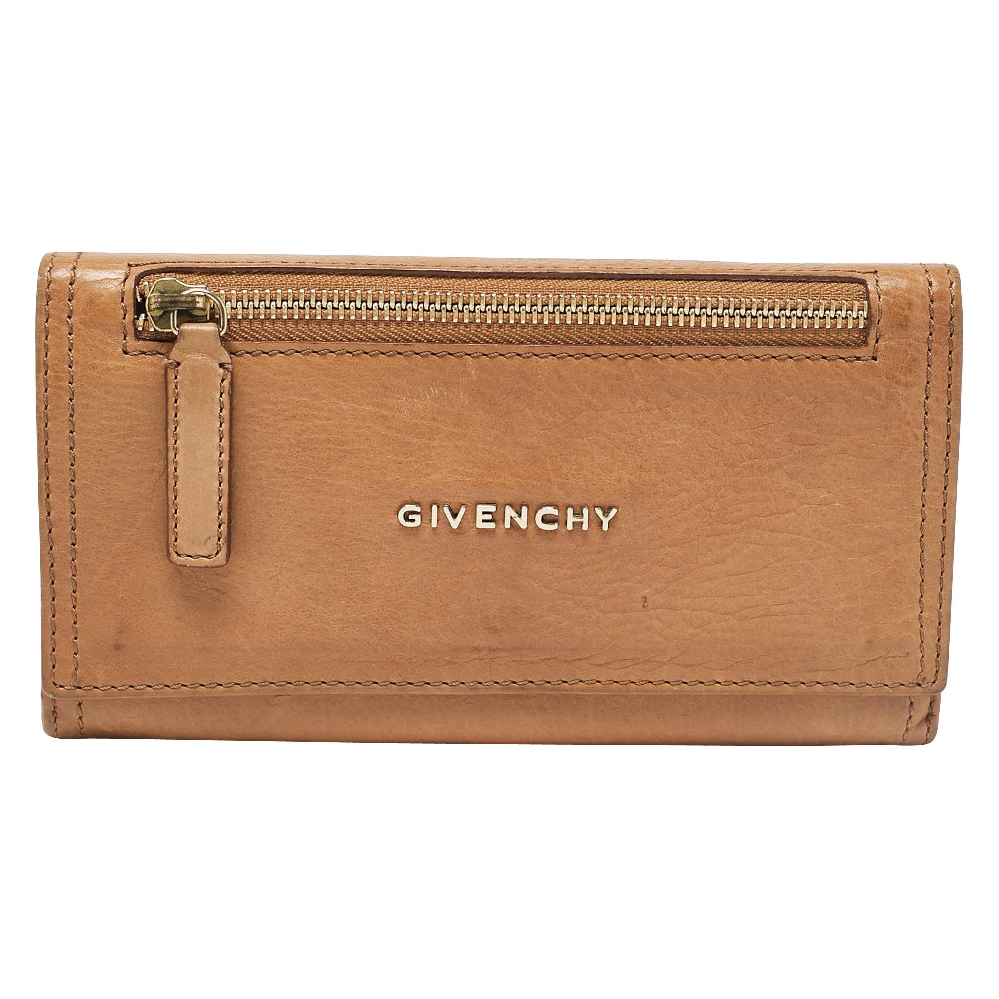 Givenchy Brown Leather Front Zip Continental Wallet For Sale