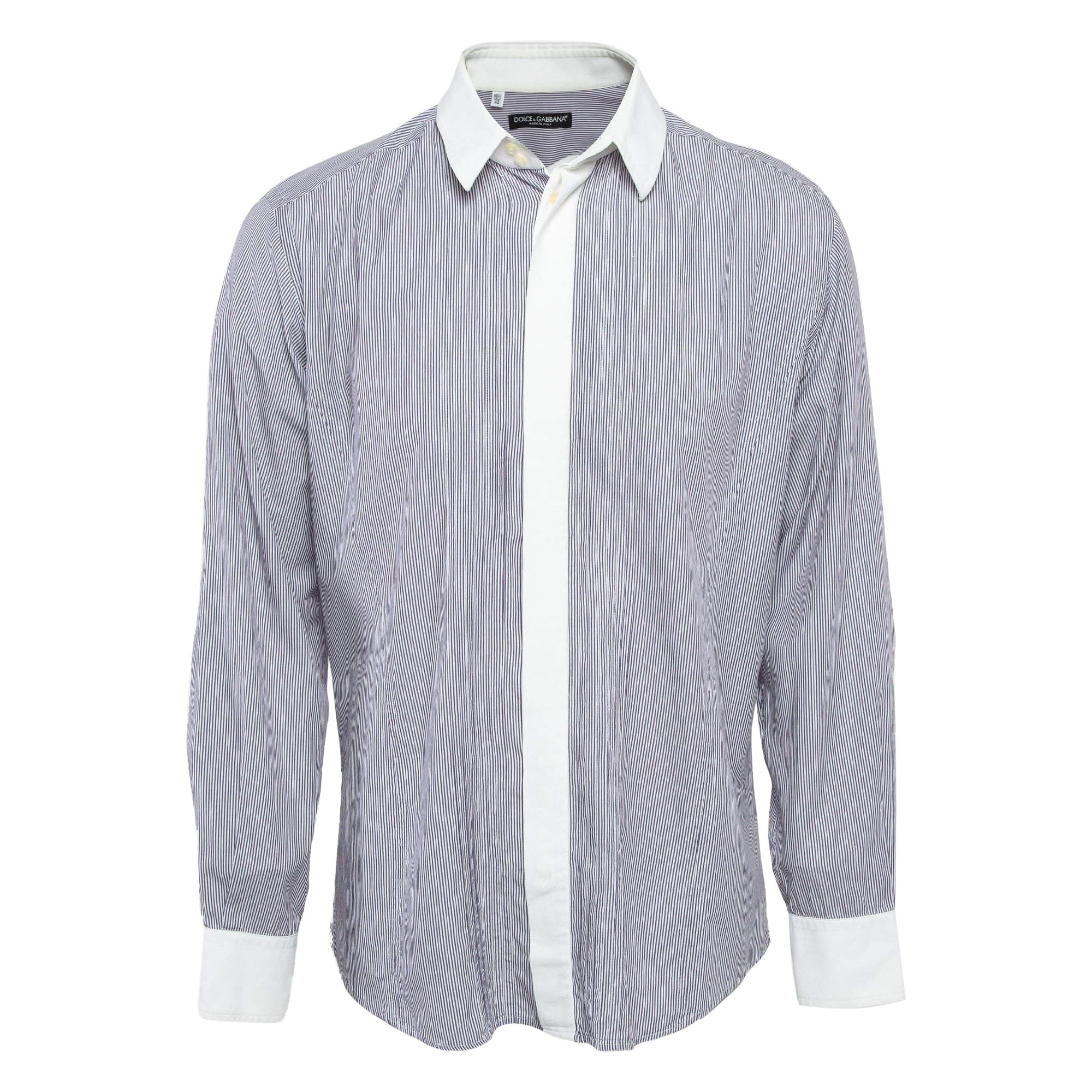 Dolce & Gabbana Blue Pinstripe Cotton Button Front Shirt XL For Sale