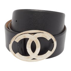 Chanel Black Leather CC Oval Logo Buckle Belt 90CM