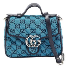 Gucci Blue Canvas Diagonal Quilt Canvas Leather Mini GG Marmont Top Handle Bag
