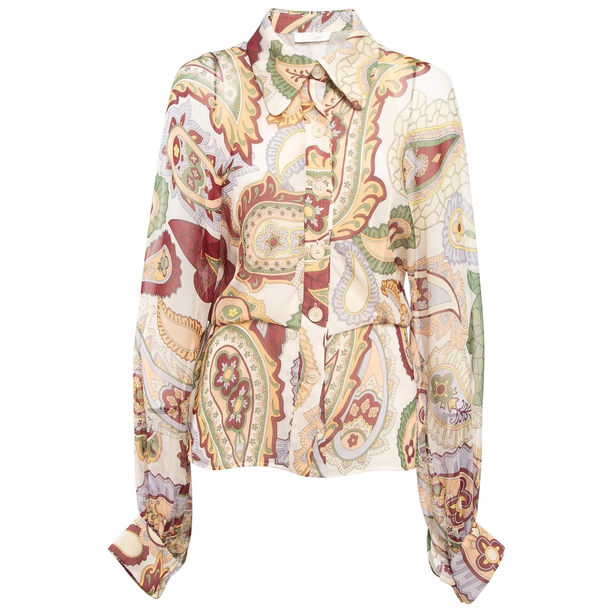 Chloe Beige Paisley Print Chiffon Silk Shirt L For Sale