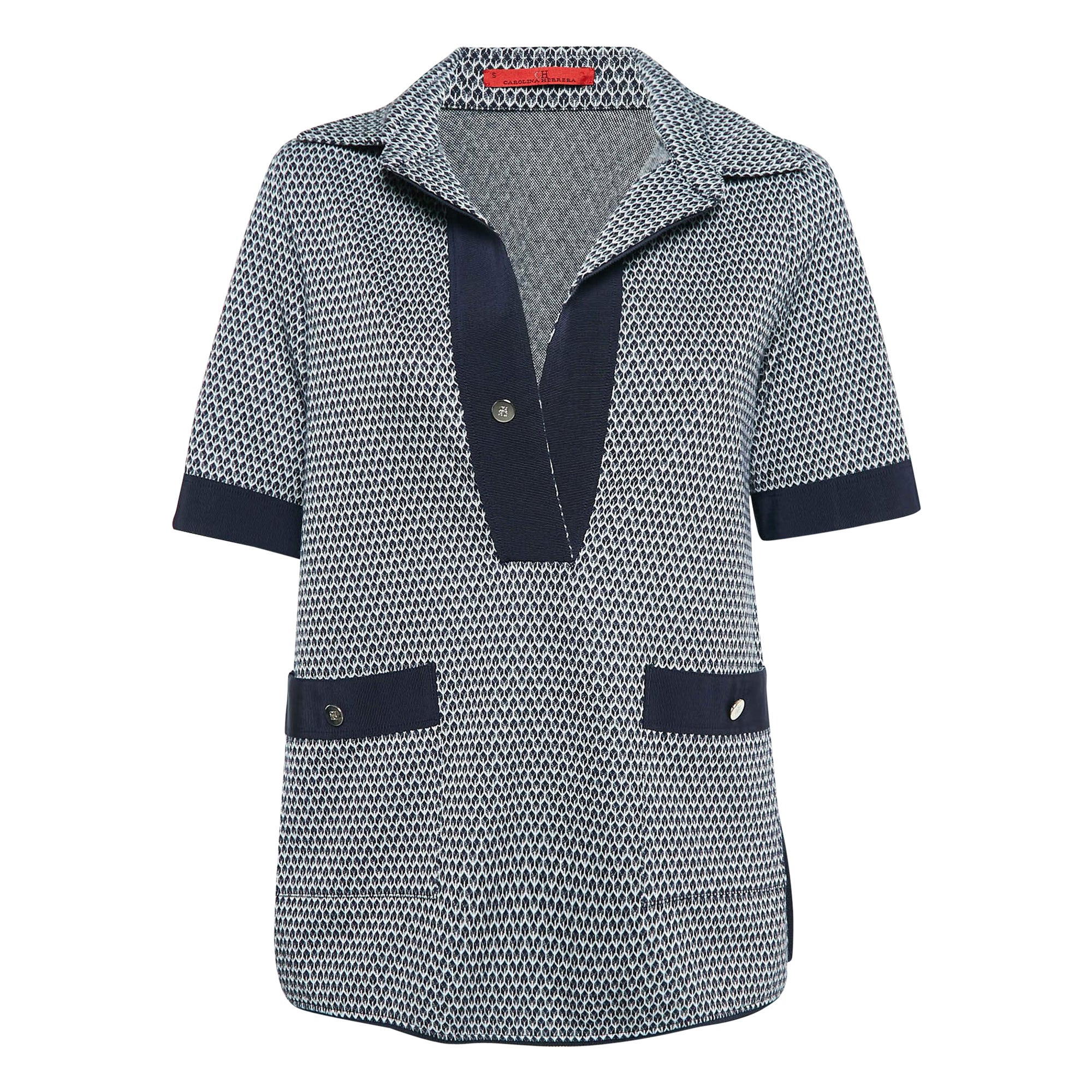 CH Carolina Herrera  Navy Blue Patterned Stretch Knit Top S For Sale
