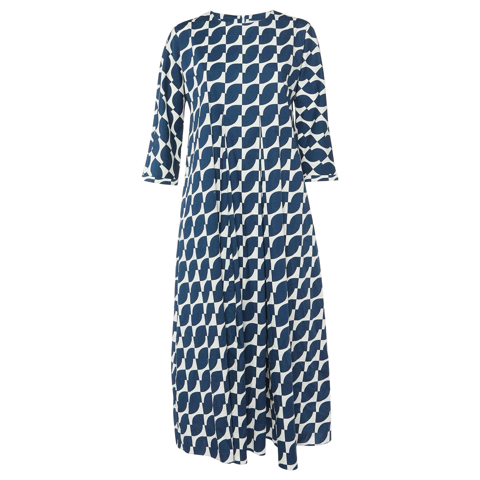 S'Max Mara Navy Blue Geometric Print Cotton Pleated Long Dress M For Sale