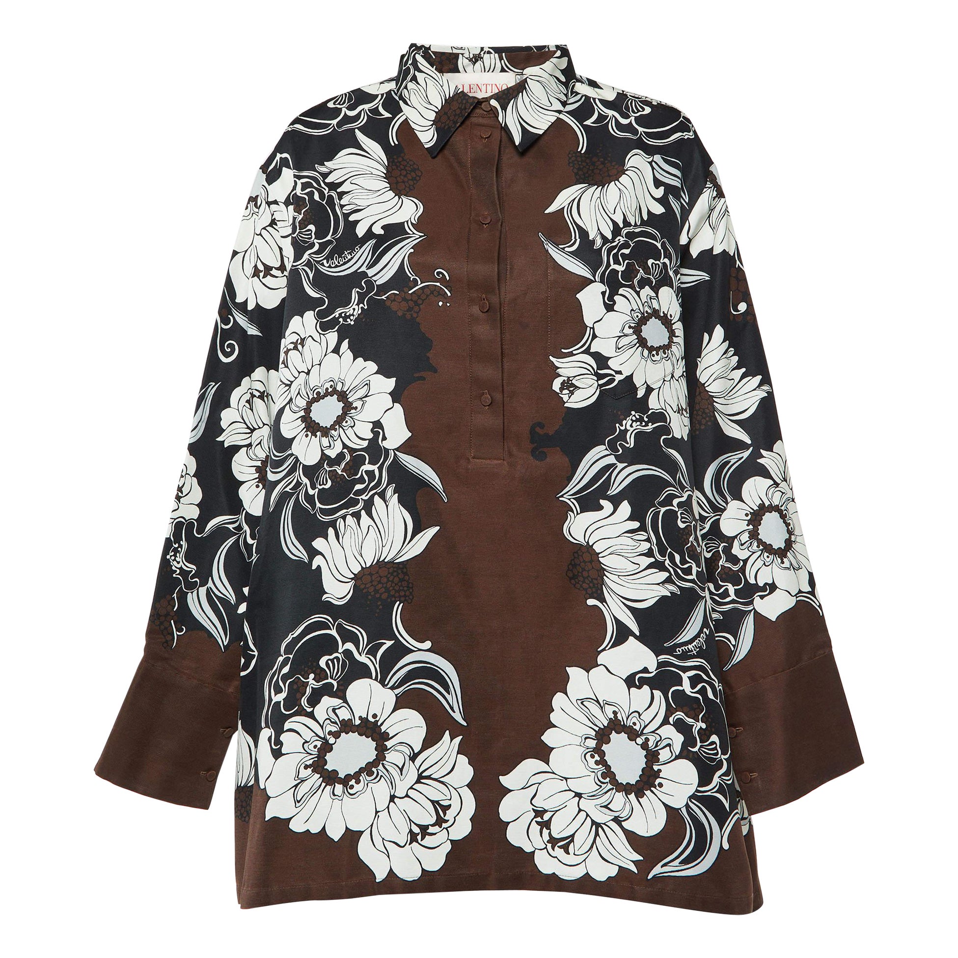 Valentino Brown Street Flowers Daisyland Print Cotton & Silk Shirt Dress M.