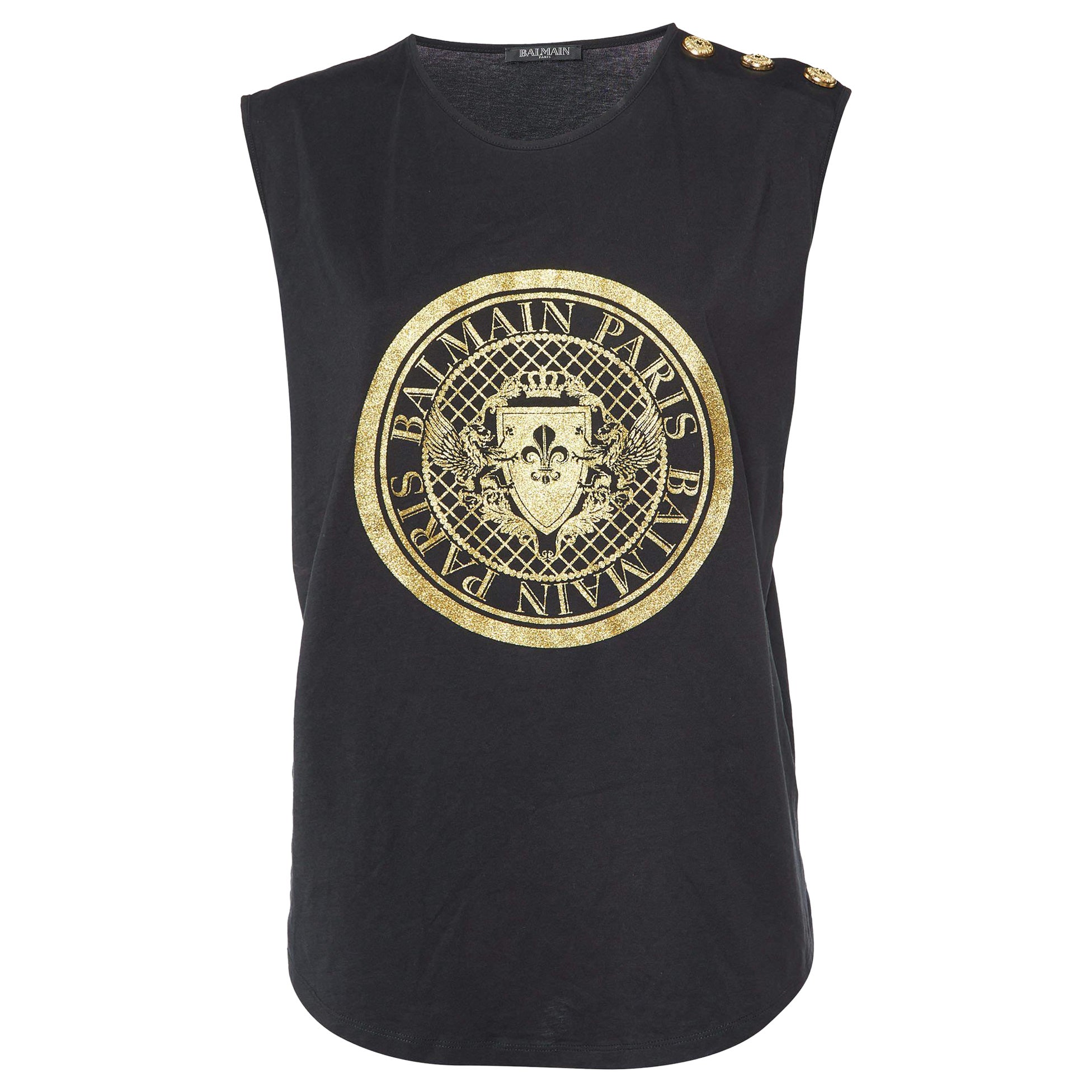 Balmain Black Logo Print Cotton Sleeveless T-Shirt L For Sale