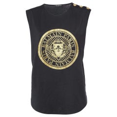 Balmain Schwarzes ärmelloses T-Shirt aus Baumwolle mit Logodruck L