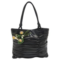 Prada Black Nappa Leather Gaufré Floral Tote