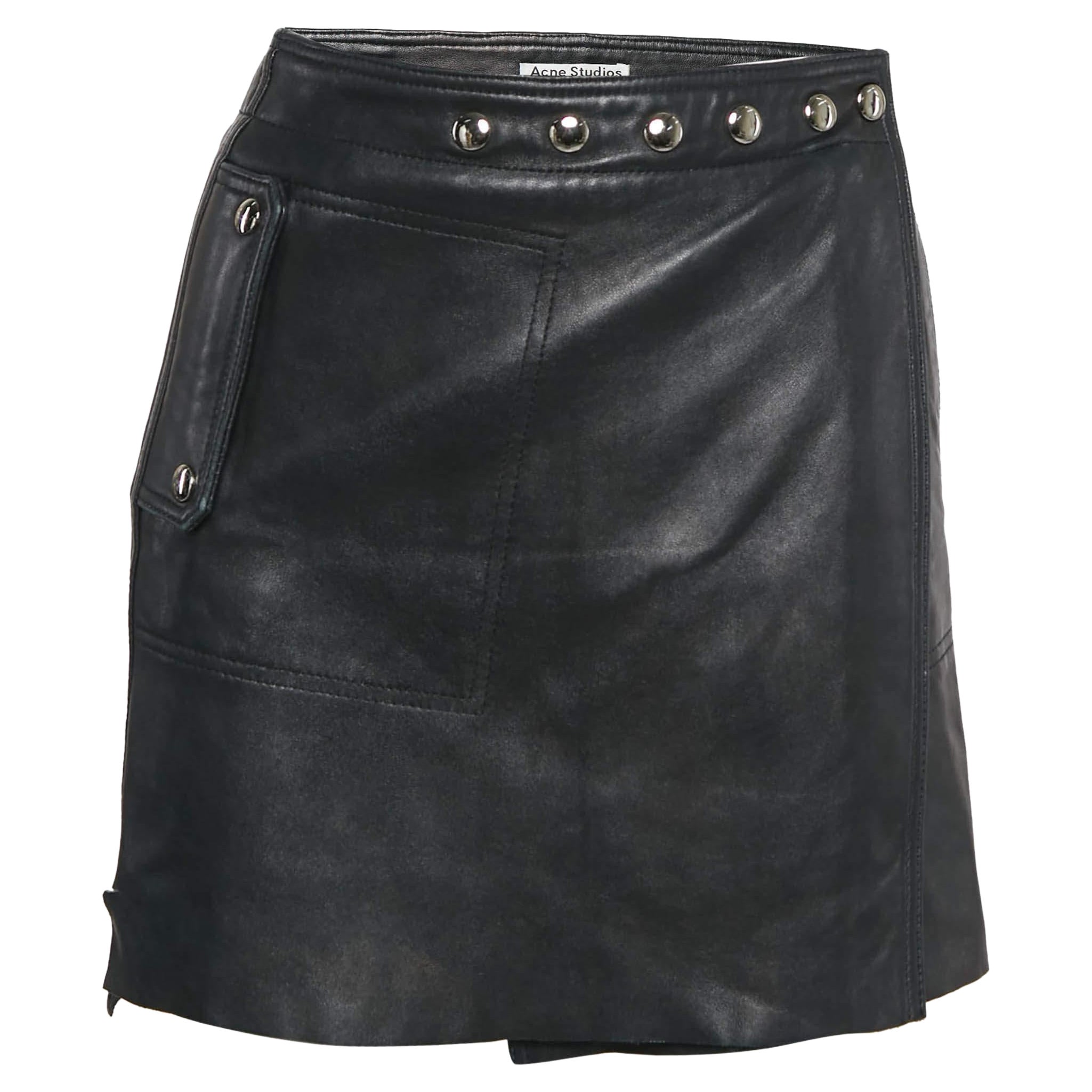 Acne Studios Black Leather Studded Mini Wrap Skirt S For Sale