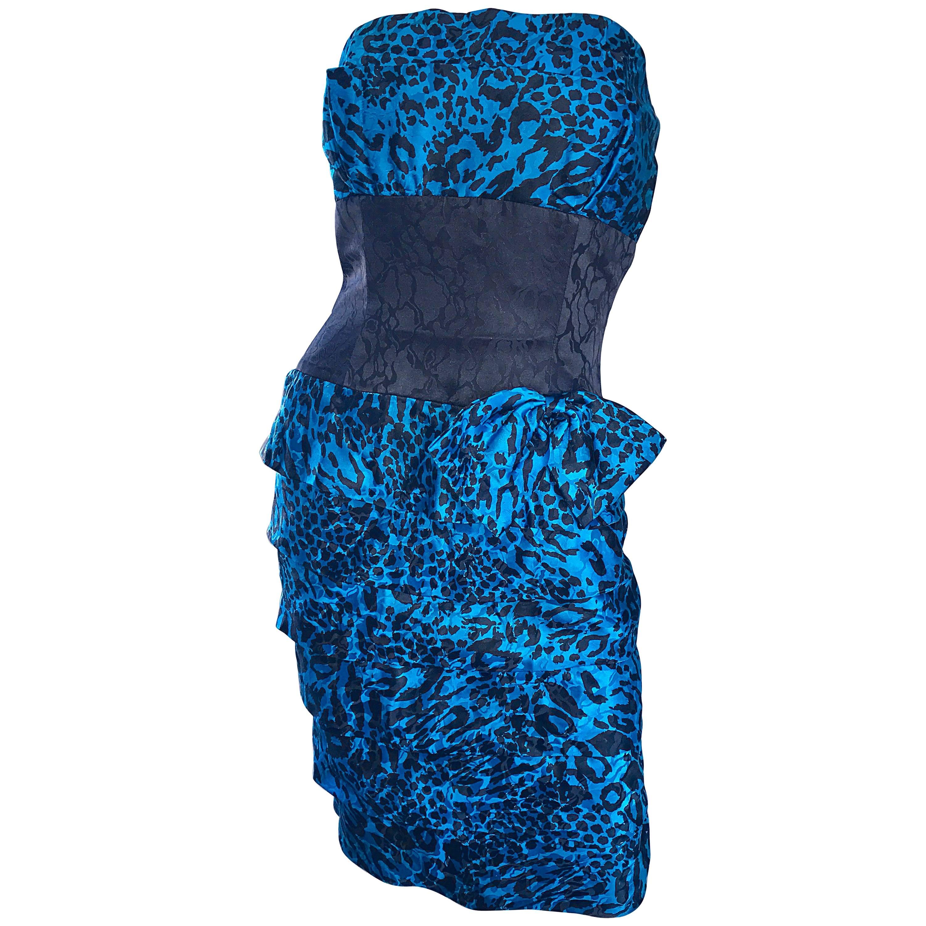 Fabulous 1980s Vintage Blue and Black Leopard Print Silk Strapless 80s Bow Dress