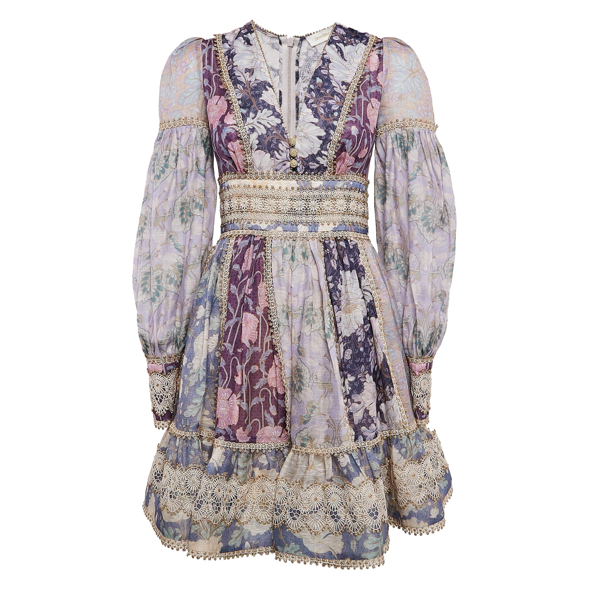 Zimmermann Purple Lin and Silk Celestial Lace Paneled Mini Dress XS