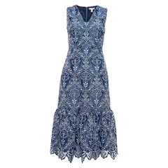 ML Monique Lhuillier Blue Floral Lave Flounce Midi Dress XS