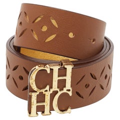Carolina Herrera Brown Lasercut Leather Logo Waist Belt 90CM