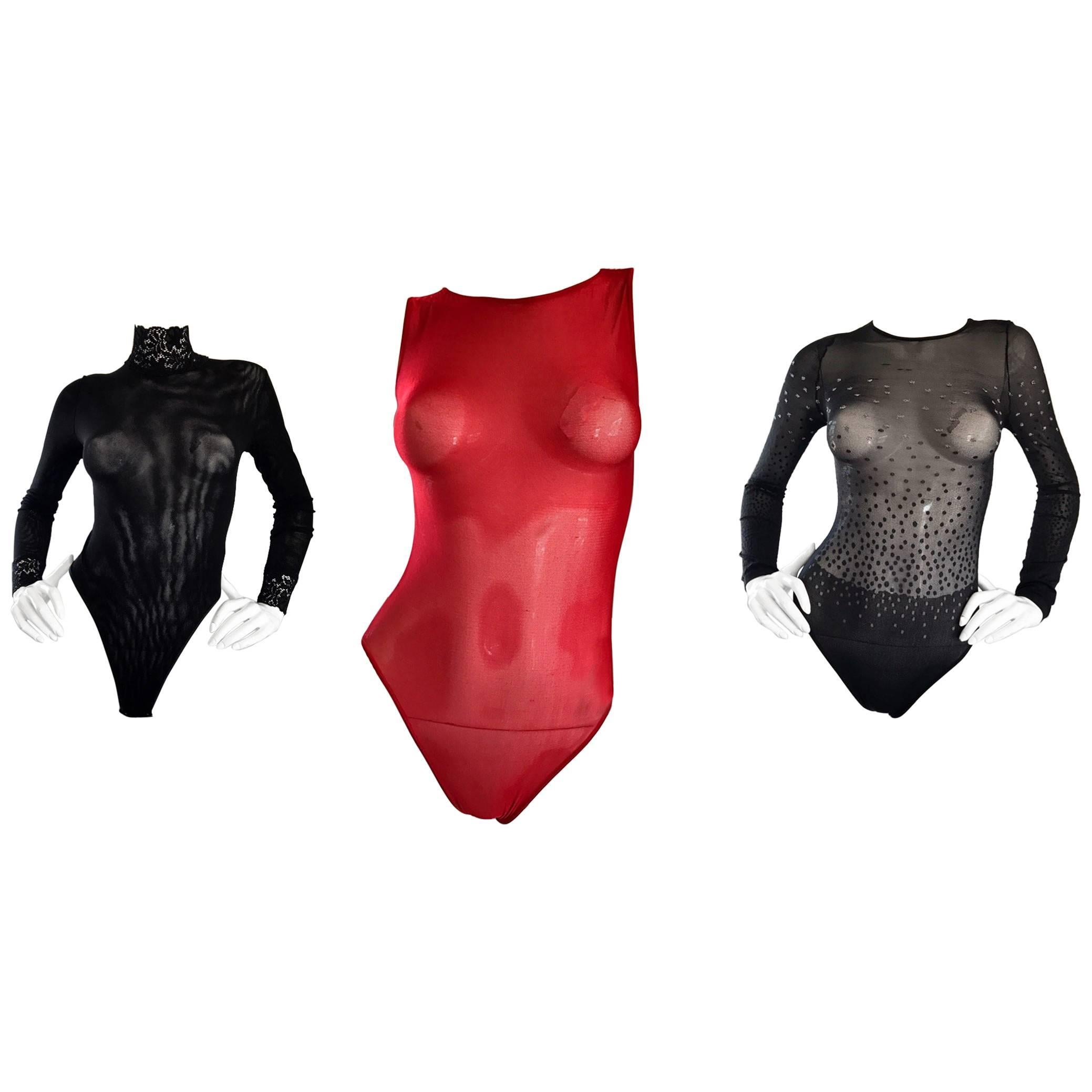 Lot of 3 Brand New Wolford & Italian Black, Red, and Silver Semi Sheer Bodysuits