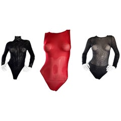 Vintage Lot of 3 Brand New Wolford & Italian Black, Red, and Silver Semi Sheer Bodysuits