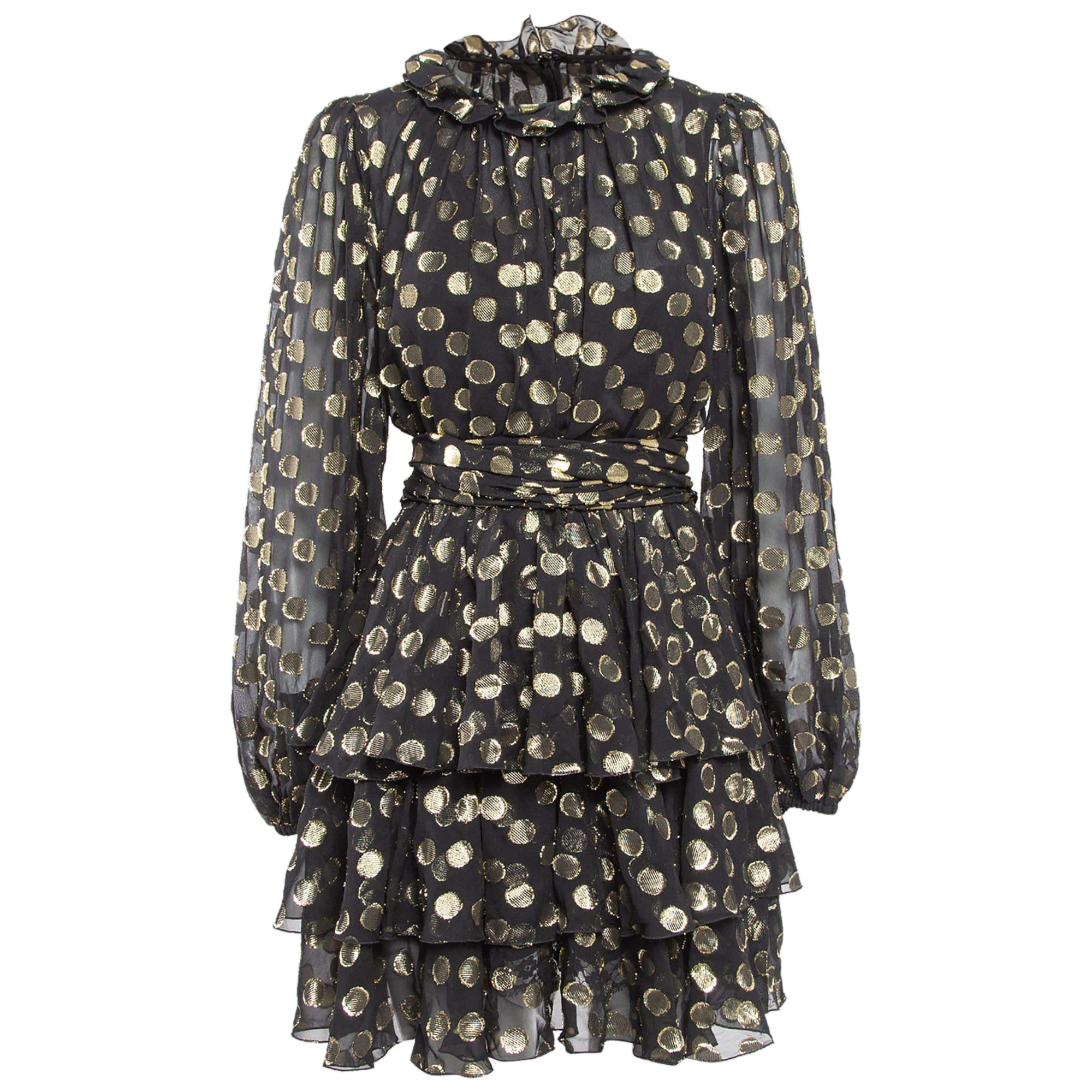 Dolce & Gabbana Black Polka Dot Silk Brocade Tie-Up Waist Mini Dress M For Sale