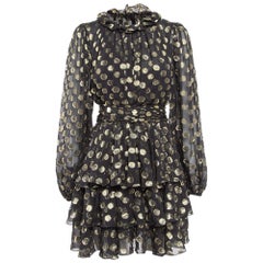 Dolce & Gabbana Schwarzes gepunktetes Minikleid aus Seidenbrokat mit Krawattenbesatz an der Taille M
