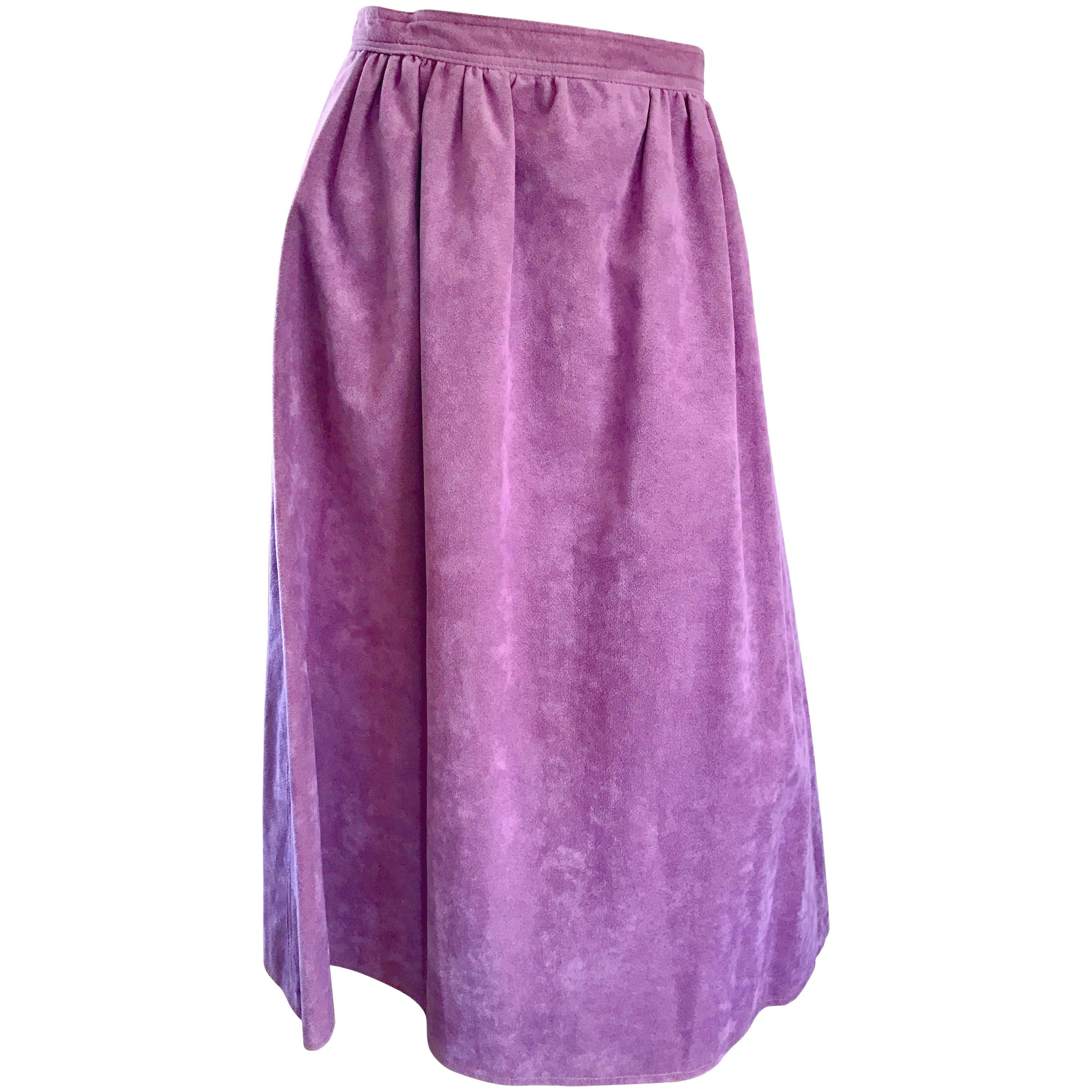 1970s Bill Blass Purple Lilac Lavender Ultrasuede Vintage 70s Midi Full Skirt For Sale