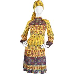 Amazing Vintage Rodrigues 1970s Yellow Silk 70s Dress and Head Scarf / Belt 11