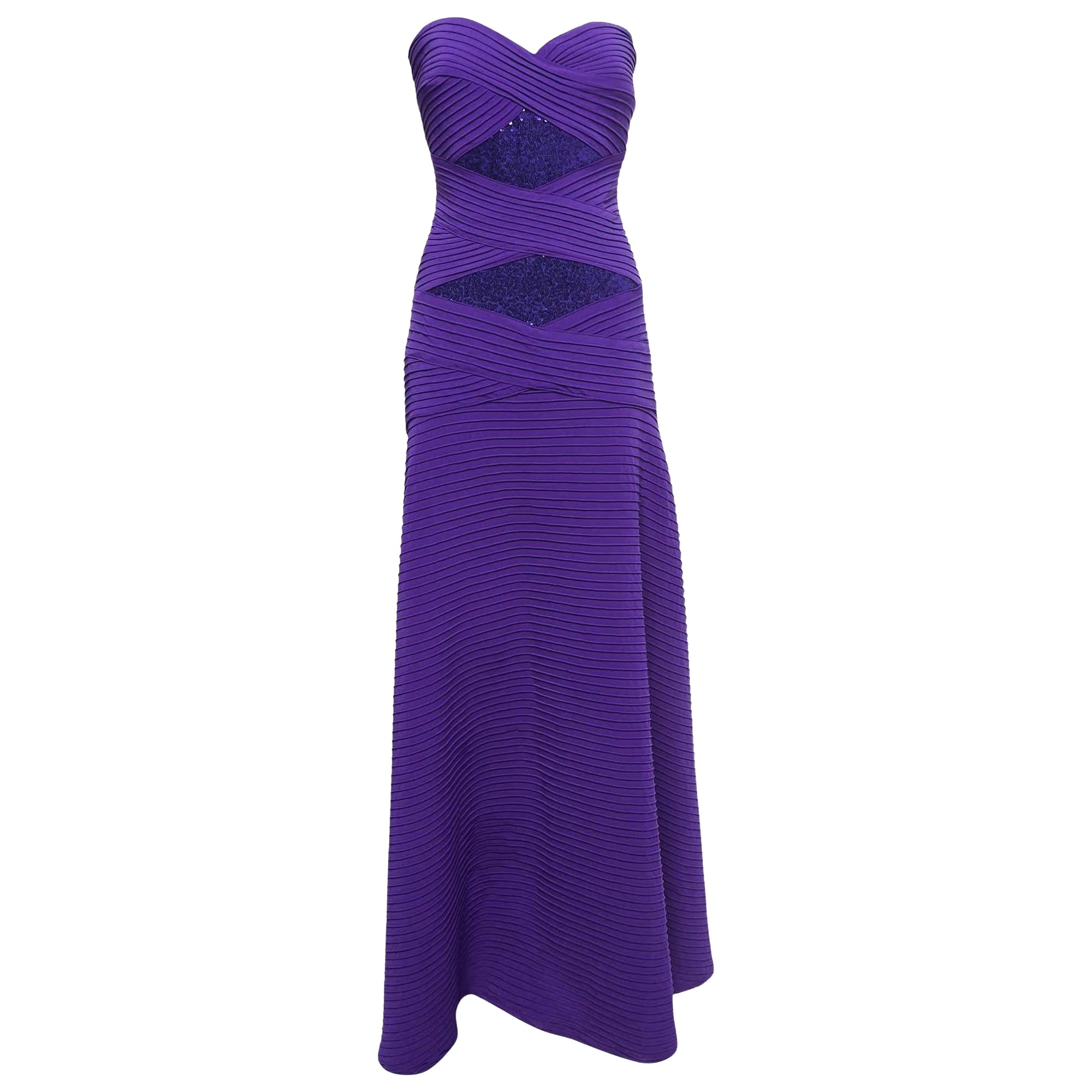 Tadashi Shoji Purple Sequin Embellished Jersey Strapless Gown L For Sale