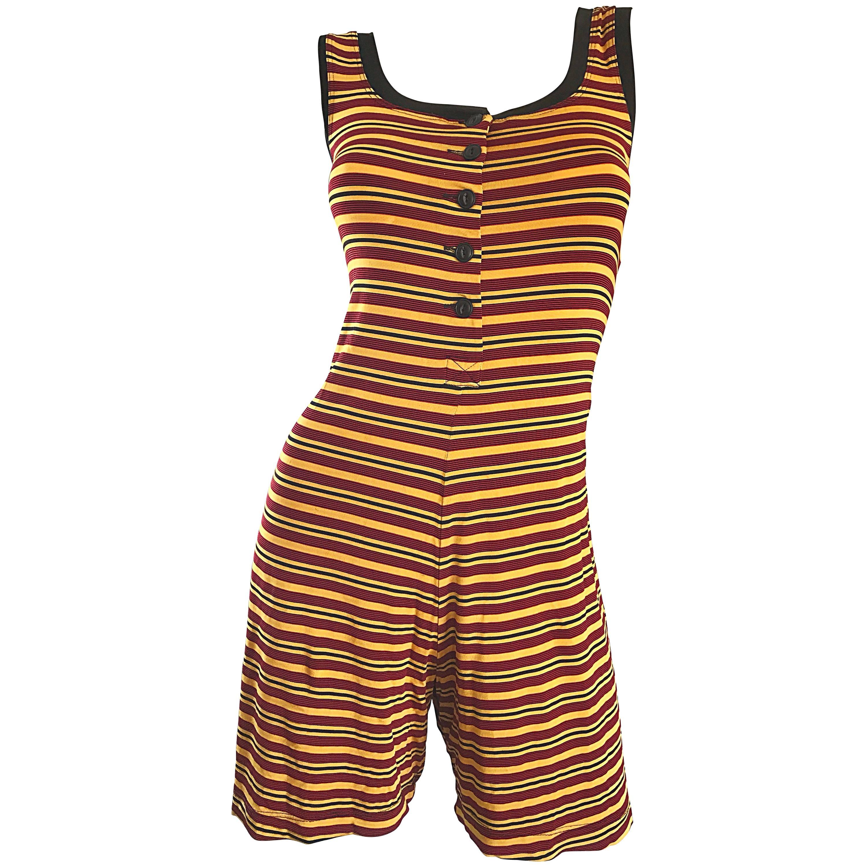 Vintage Betsey Johnson 1920s Inspired 1990s Yellow and Maroon Striped 90s Romper For Sale