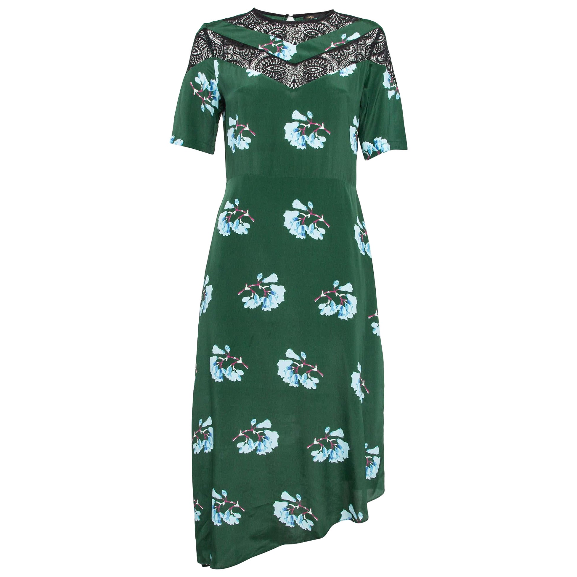 Maje Green Floral Print Lace Trim Crepe Asymmetric Midi Dress M For Sale