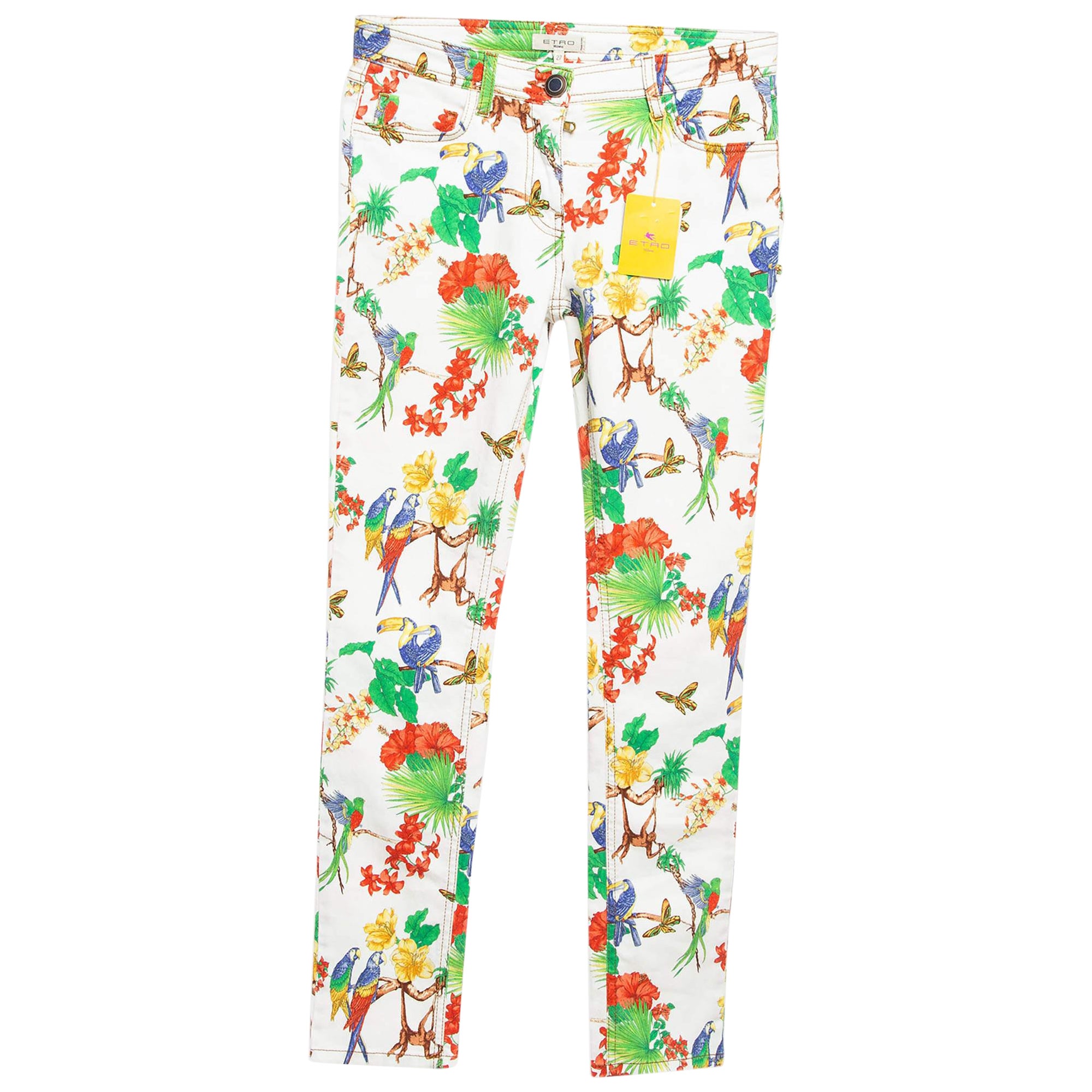 Etro White Jungle Print Denim Skinny Jeans S Waist 27''