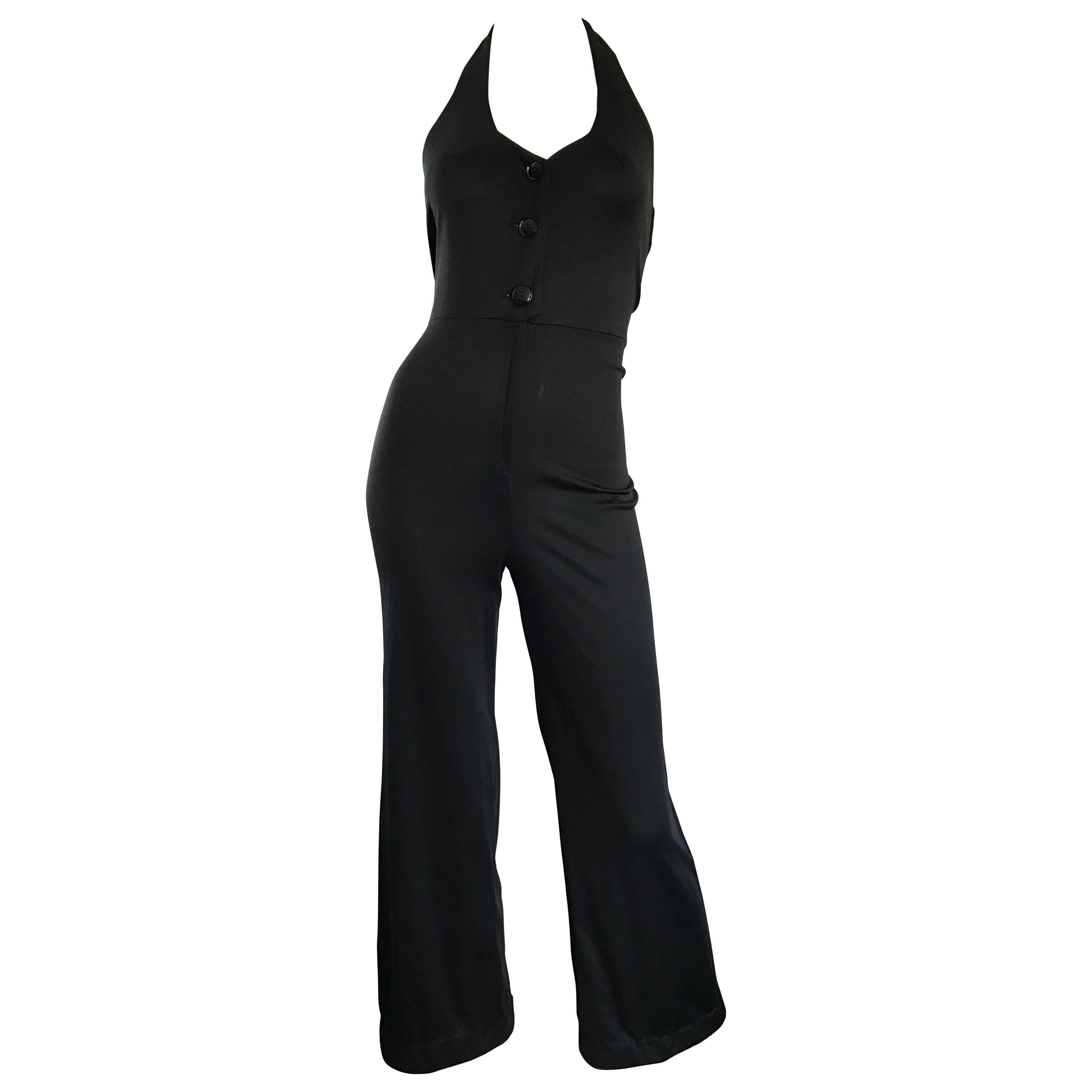 1970s Sexy Black Jersey Flare Leg Bell Bottom 70s Vintage Disco Halter  Jumpsuit For Sale at 1stDibs | black bell bottom jumpsuit, halter jumpsuit  70s, 1970s jumpsuits